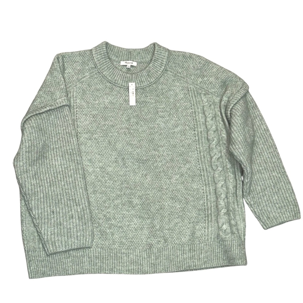 Madewell Cable Knit Sweater Womens 1X Green Alpaca Wool Blend Balloon Sleeve $98
